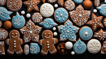 Gingerbread cookies with icing and snowflakes on dark background.