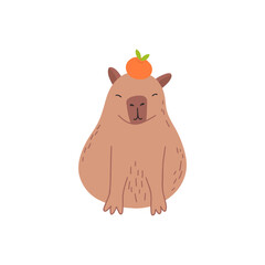 Capybara funny character in flat design. Cute capybara with mandarins vector illustration