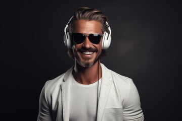 Handsome casual and attractive man listening to music from headphones in joy against dark background