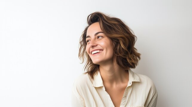 Portrait of mature middle aged woman laughing and smiling over the white backround. Beauty concept.