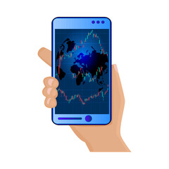 Hand holds phone with candle stock market chart isolated on white background. Online trade, market investment, candlestick chart concept. Stock sell and buy. Forex trading. Stock vector illustration