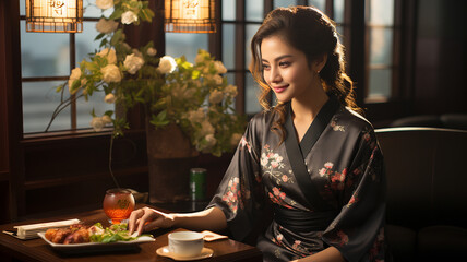 Beautiful asian woman wearing japanese kimono in a restaurant