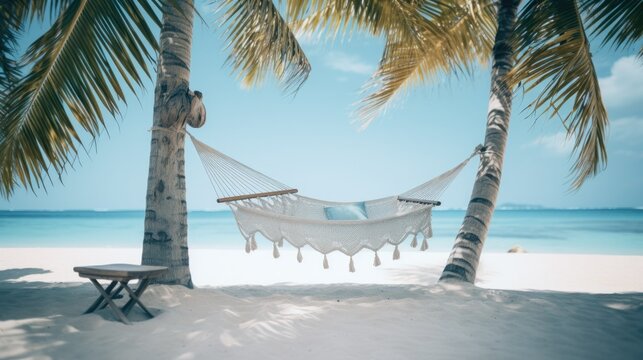Photo of relaxing in wicker hammock on the sandy beach on Maldives coast and enjoying wide ocean view waves. Exotic countries vacation and mental health concept image.