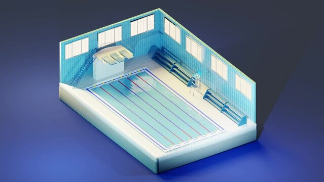 3D isometric animation render of indoor swimming pool