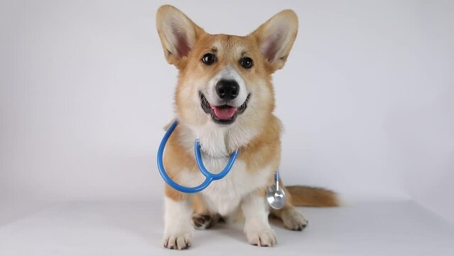 A happy Pembroke Welsh Corgi puppy with stroboscope looks at the camera isolated on a white background
