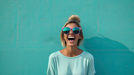 Woman Delighted by Spring, Smiling Against a Blue Background - obrazy, fototapety, plakaty