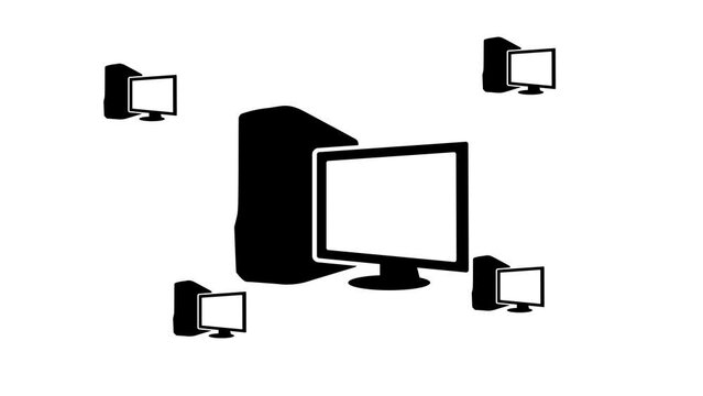 Zoom in and out animation the desktop symbol. Large black symbol in the center and four small symbols around. Seamless looped 4k animation on white background
