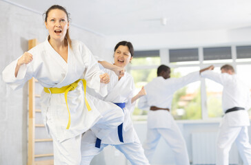 Fototapeta premium Block, then strike. Shot of two female martial artists practicing karate