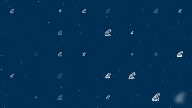 Template animation of evenly spaced sitting tiger symbols of different sizes and opacity. Animation of transparency and size. Seamless looped 4k animation on dark blue background with stars