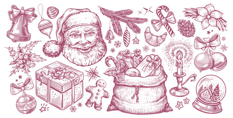 Christmas theme. Hand drawn vector illustration in retro sketch style, for holiday design - obrazy, fototapety, plakaty