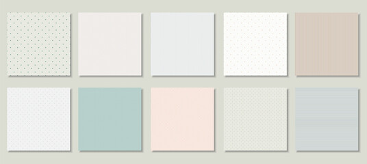 Collection of vector seamless delicate patterns. Dotted, striped tileable textures. Pastel colors. Elegant gentle backgrounds. Minimalistic endless prints