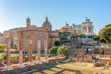 Ruins of Roman Forum and Vittoriano monument in Rome, Italy