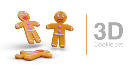 Gingerbread man in orange colors in different positions. Christmas and new year celebration. Present for family in realistic cartoon 3d style. Vector illustration with place for text