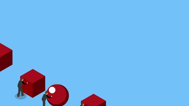 smart businessman pushing a sphere leading the race against a group of slower businessmen pushing boxes