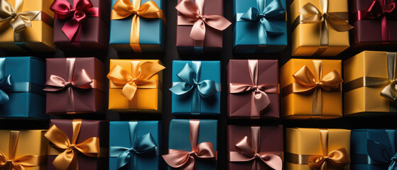 Gift boxes with ribbons on a black background.