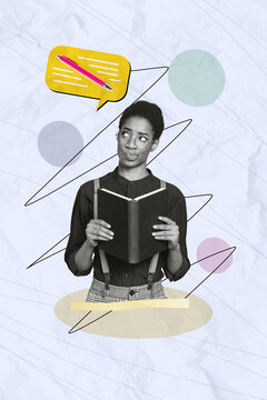 Sketch image collage of minded man reading notebook planner diary writing notes isolated on drawing background