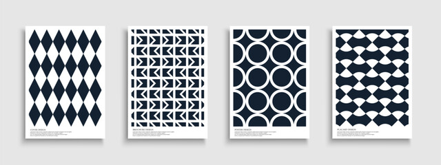 Set of abstract geometric covers, templates, placards, brochures, banners, backgrounds and etc. Creative textured modern posters, cards, catalogs. Beautiful dark blue graphic prints on white
