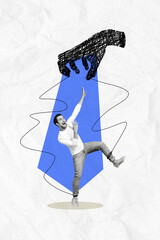 Picture collage of terrified man avoiding addiction symptoms huge scary arm attack him isolated on...