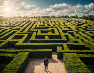 Person at the entrance to a hedge maze. Mental state when faced with too many decisions. 