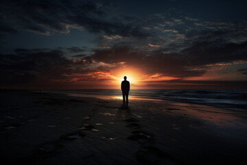 Sad man silhouette worried on the beach - obrazy, fototapety, plakaty
