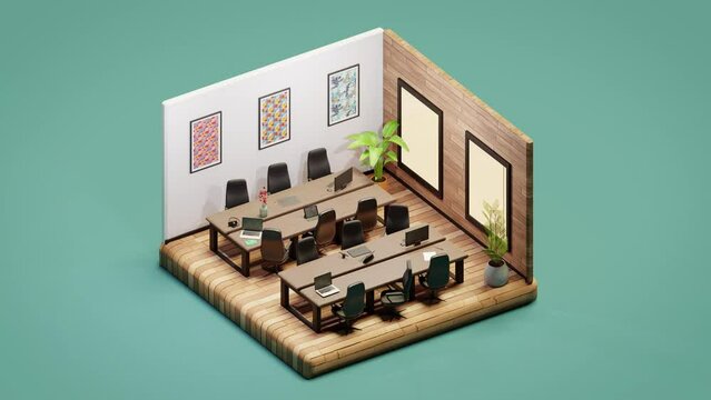 3D isometric loop low poly office room with many workplace in modern coworking
