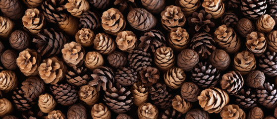 Pine cones background. Top view, flat lay. Close up. - obrazy, fototapety, plakaty