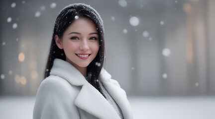 Girl dressed in white clothes smiling at the camera in a beautiful snowing environment and defocused yellow lights background.