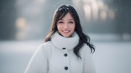 Girl dressed in white clothes smiling at the camera in a beautiful snowing environment and defocused yellow lights background.