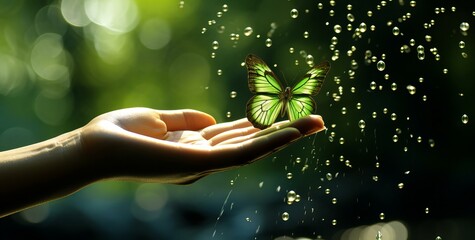 Green Butterfly Alights on Hand Amidst Sparkling Water Drops in Sunlit Nature Backdrop