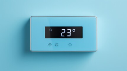 A digital programmable thermostat in electrifying shades of vivid blue and polished silver background with empty space for text 