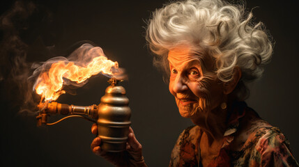 A twisted old lady with a crazy hairstyle is playing - obrazy, fototapety, plakaty