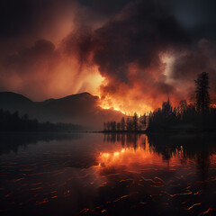 Feuer im Wald am Wasser in der Nacht Sonnenuntergang Fire in the forest by the water at night sunset