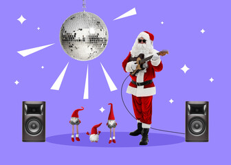 Winter holidays bright artwork. Santa Claus playing guitar, elves dancing against violet...