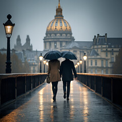 Mann und Frau unterm Schirm gehen in einer Stadt spazieren Man and woman under umbrella walking in a city - obrazy, fototapety, plakaty