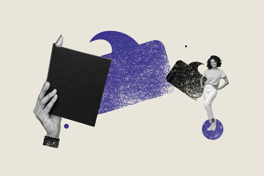 Abstract creative artwork template collage of young girl hand hold book reader speech bubble freak bizarre unusual fantasy billboard