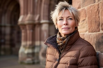 Portrait of a satisfied woman in her 50s sporting a quilted insulated jacket against a historic castle backdrop. AI Generation