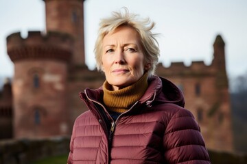 Portrait of a satisfied woman in her 50s sporting a quilted insulated jacket against a historic castle backdrop. AI Generation - Powered by Adobe