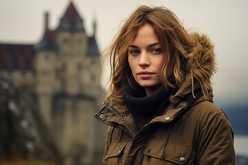 Portrait of a content woman in her 20s wearing a warm parka against a historic castle backdrop. AI Generation - obrazy, fototapety, plakaty