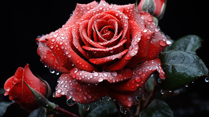 Beautiful red rose with water drops on black background, closeup. 