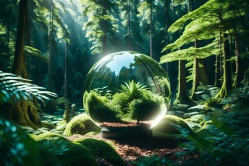 Glass globe in the middle of the forest showing the beauty of nature in the middle of the day with the sun's reflection
