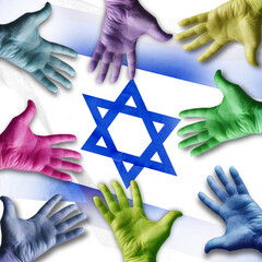 Israel flag combined with various hand gestures. Concept map depicting the relationship between Palestine and Israel. Basemap and background concept. double exposure hologram
