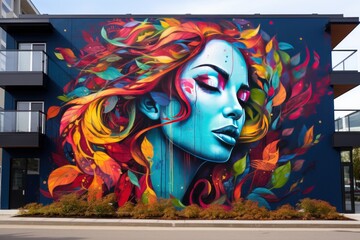Vibrant Street Art Mural Adorning a City Wall with Graffiti Masterpiece.