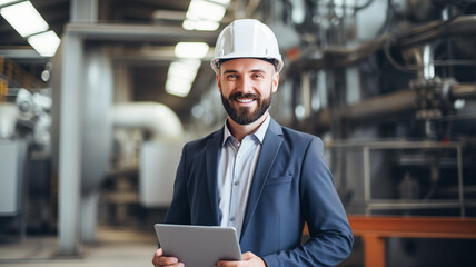 Caucasian young bearded professional male engineer man people in hard hat working on engineering industrial manufacturing facility using tablet indoors.