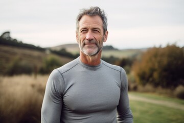 Naklejka na ściany i meble Portrait of a blissful man in his 50s showing off a lightweight base layer against a quiet countryside landscape. AI Generation