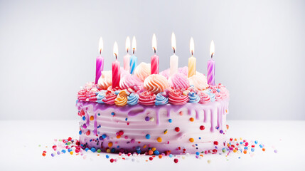 beautiful birthday retro cake with cream and candles isolated on white background