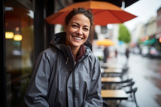 Portrait of a cheerful woman in her 40s sporting a waterproof rain jacket against a bustling city cafe. AI Generation