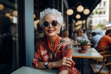 Portrait of a glad woman in her 70s wearing a trendy sunglasses against a bustling city cafe. AI...