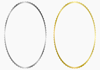 Set of golden and silver metal oval frames isolated on white. Vector frame for photo. Frame for text, certificate, pictures, diploma. Wavy frames. Gold, luxury - obrazy, fototapety, plakaty