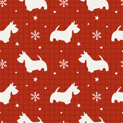 Winter seamless pattern with Scottish terrier on red checkered background. Merry Christmas and Happy new year.