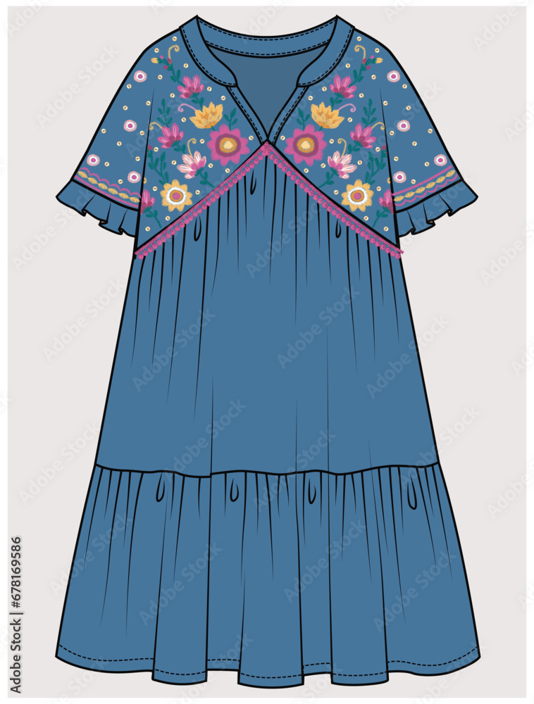 Sticker DOLMAN SLEEVES TIERED DRESS WITH V NECKLINE AND THREAD EMBROIDERY DETAIL DESIGNED FOR TEEN GIRL, TWEEN GIRLS AND KID GIRLS IN  VECTOR ILLUSTRATION